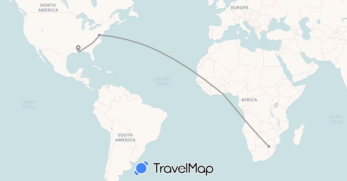 TravelMap itinerary: driving, plane in Ghana, United States, South Africa (Africa, North America)